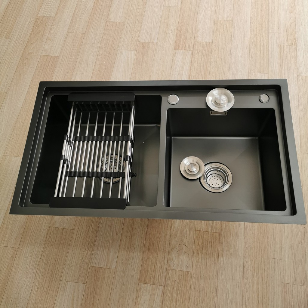 Chậu bồn rửa bát chén 2 hố inox 304 nano đen dày 3.3mm giật cấp hàng chính hãng bảo hành 24 tháng .