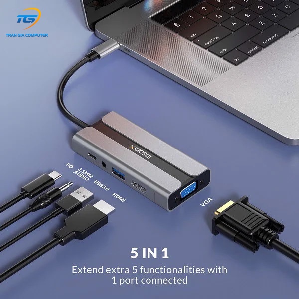 Cáp chuyển USB-C sang HDMI, VGA, 3.5mm, USB 3.0, PD 60W iDsonix DA-5HV