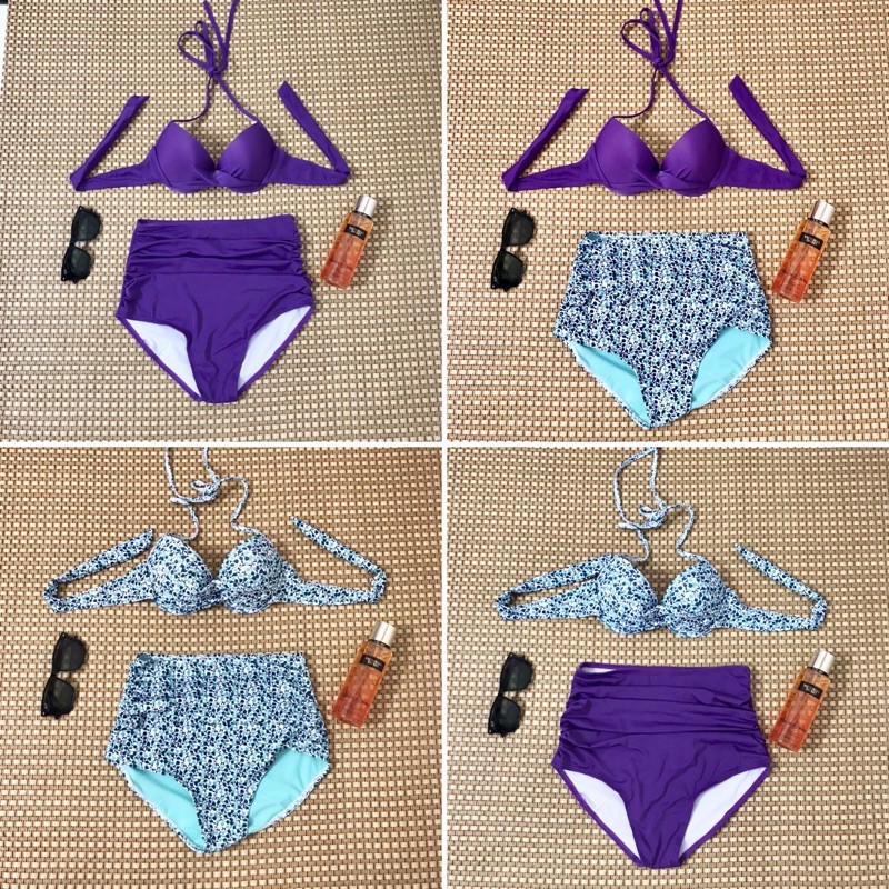 Bikini 2 mảnh ♥️ FREESHIP♥️ quần cạp cao nhún hoa tím phối màu dễ thương