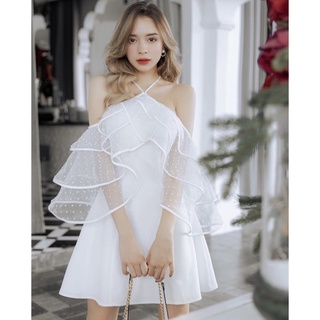 Đầm nữ trắng dự tiệc phối tay bèo trễ vai cổ yếm mặc dạo phố cực dễ thương