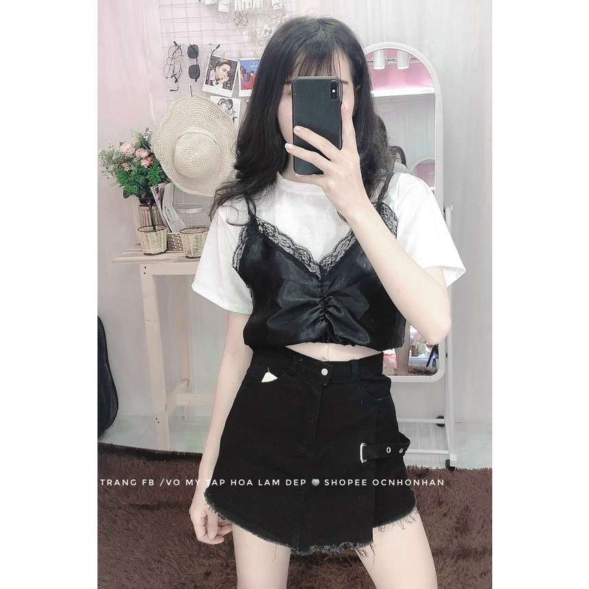 Sét áo phi bóng viền ren nhúm ngực kèm áo tay ngắn croptop cực xinh ut