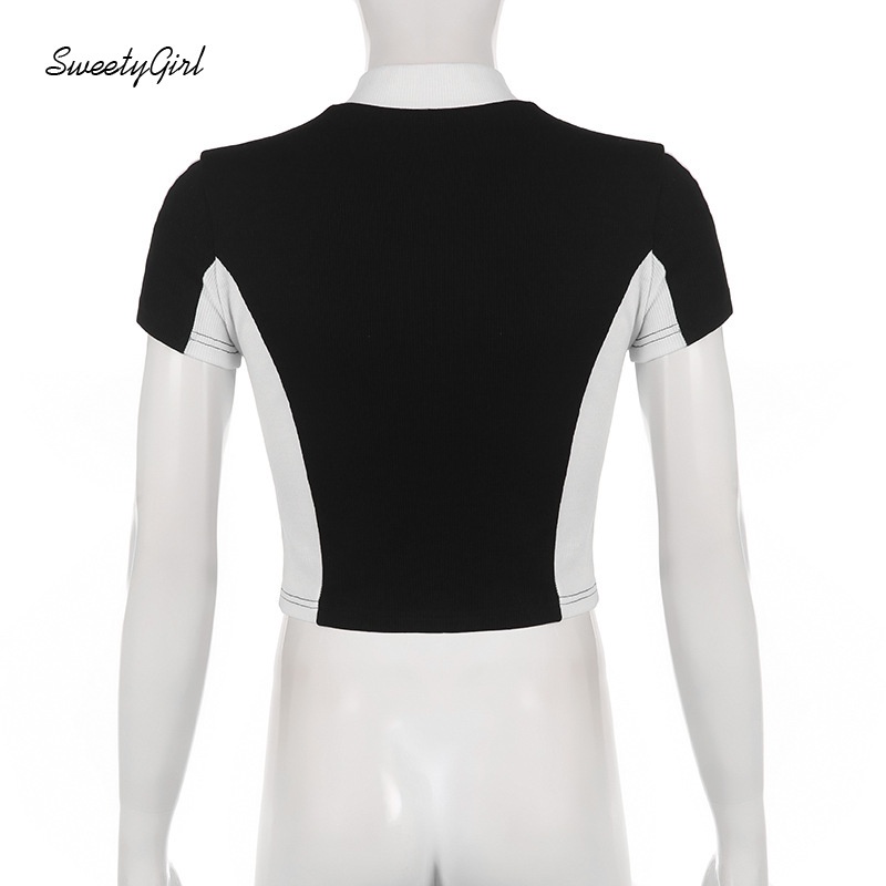 Áo Thun Cổ Cao Dáng Ôm In Chữ Số Phối Khóa Kéo Màu Sắc Tương Phản Thời Trang Cho Nữ 2022