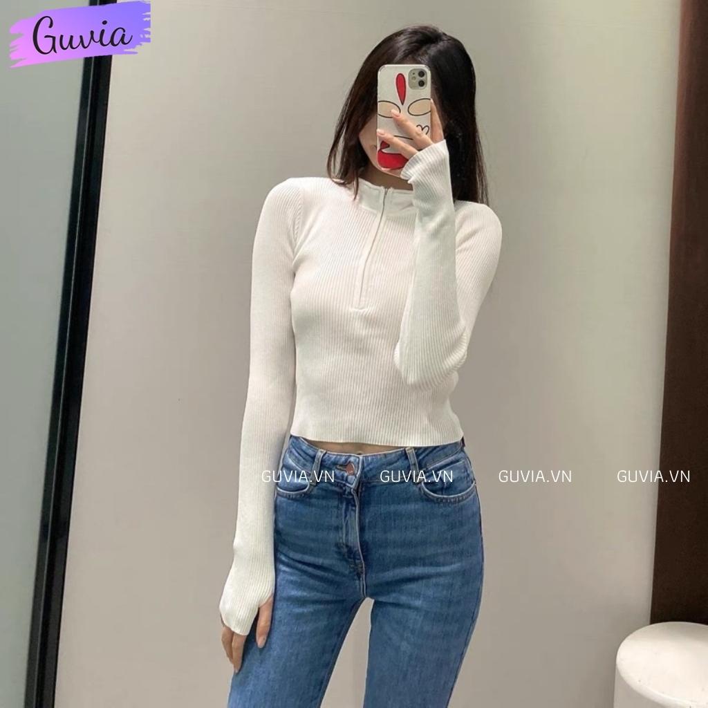 Áo Croptop Tay Dài CỔ CAO DÂY KÉO Thun Gân Ôm Body Sexy Ulzzang GUVIA