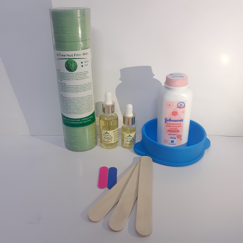 set wax sáp khoanh:500g sáp khoanh + chén silicon + mỡ trăn +  phấn rôm 100g Johnson baby (tặng que sáp + đồ dũa móng)