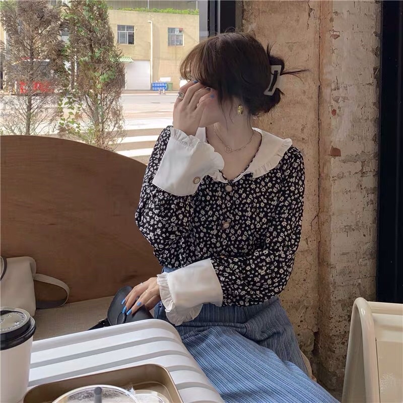 Áo sơ mi bèo hoạ tiết hoa nhí phối màu đen trắng cúc ngọc tiểu thư Ulzzang siêu xinh ❤️