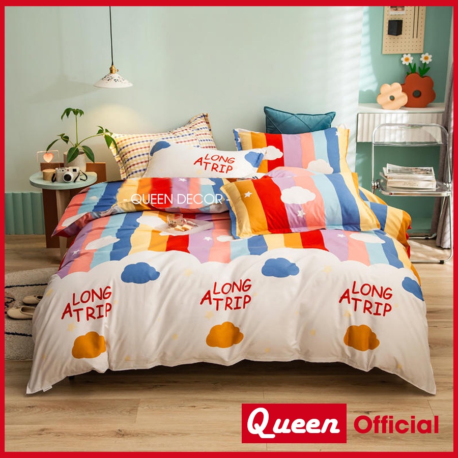 Bộ Chăn Ga Gối, Ga Giường Cotton Poly Set 5 Món Cute M2, M6, M8, 2M2, Miễn Phí Bo Chun Drap Giường - Queen Decor