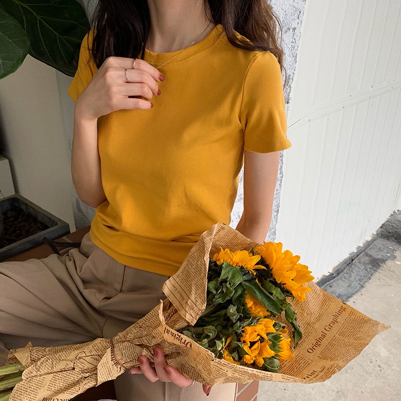 Thời Trang Áo Thun Tay Ngắn Màu Trơn Phong Cách Hàn Quốc