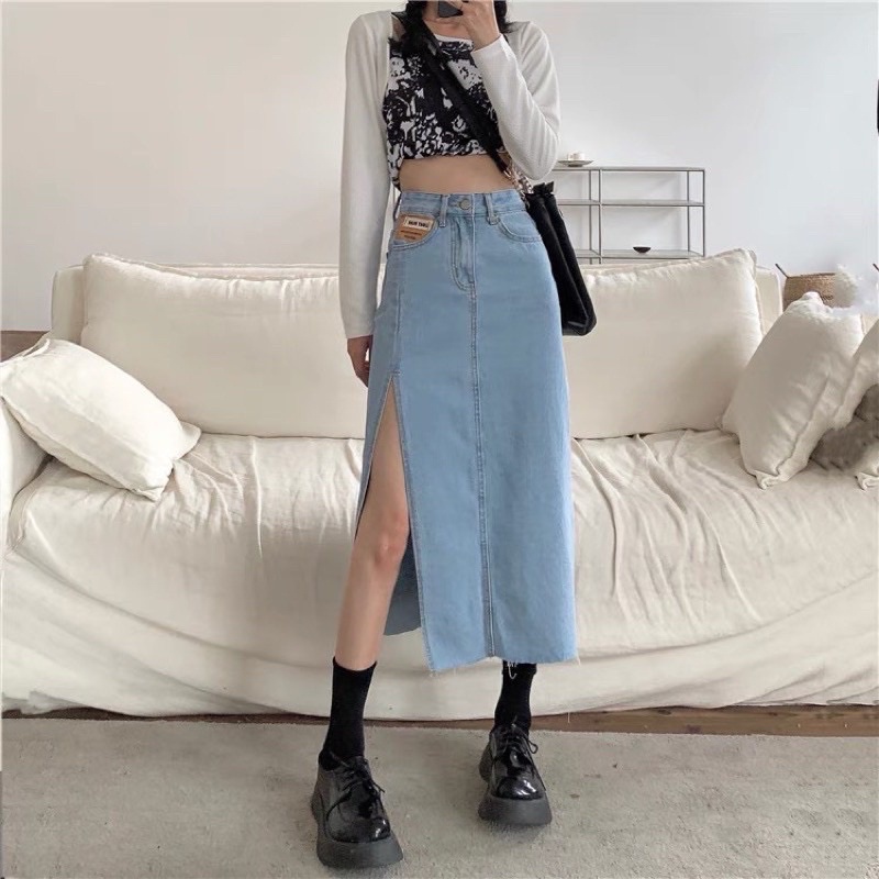 Chân Váy Jean Dáng Bút Chì Xẻ Vạt 🦋 Váy Bò Nữ Dáng Dài Mác Da Trơn 2 Màu 🦋