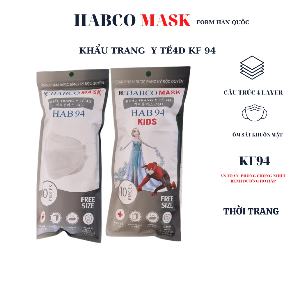 Khẩu trang  KF94 HABCO MASK,khẩu trang 4 lớp kháng khuẩn 99.9% Bịch 10 cái  Hàng Công Ty chuẩn đét