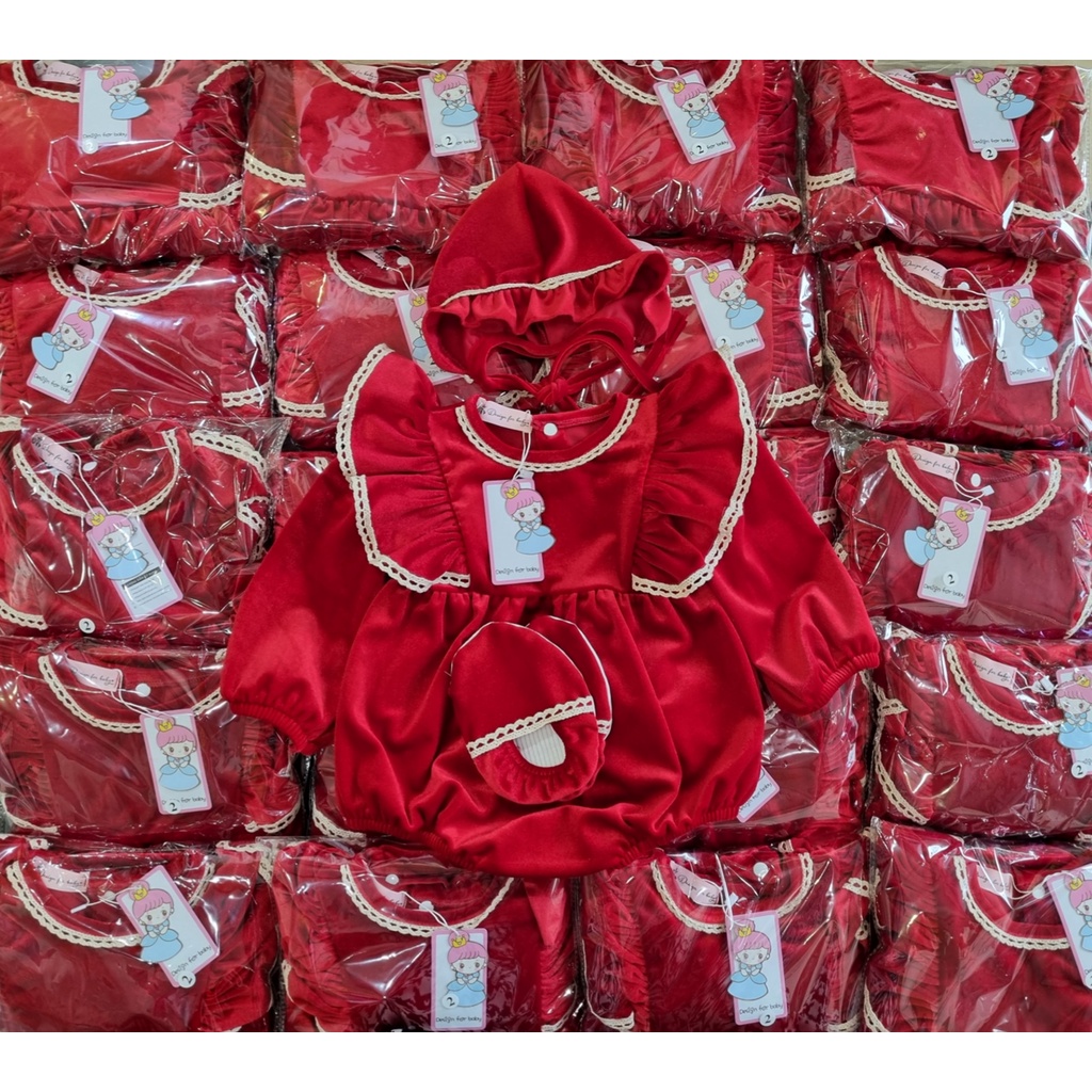Set body nhung đỏ kèm mũ và giày vải cho bé gái sang đẹp ⚡𝗙𝗥𝗘𝗘𝗦𝗛𝗜𝗣⚡ Bodysuit cho bé gái sơ sinh chất liệu cao cấp