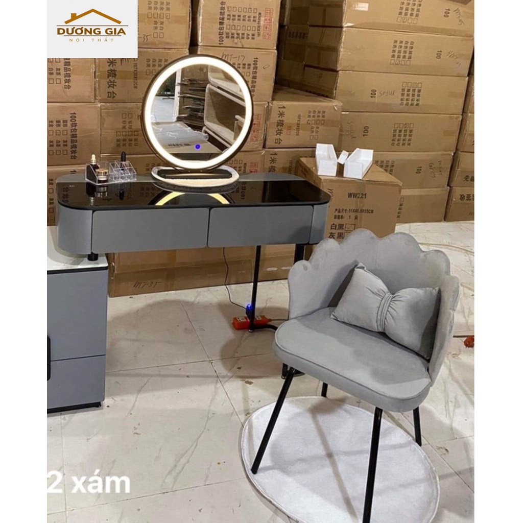 Ghế bàn trang điểm nỉ nhung chân kim loại, có gối nơ