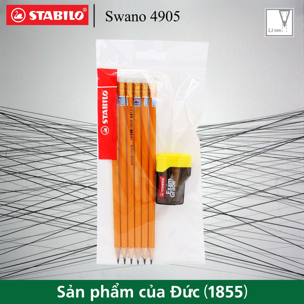 Combo 6 bút chì thân gỗ STABILO Swano 4905 2B (có đầu tẩy) + chuốt chì PS4538