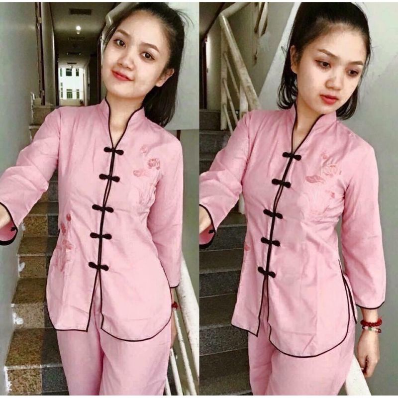 BỘ ĐI CHÙA CỔ TẦU THÊU SEN (mầu tím hồng)