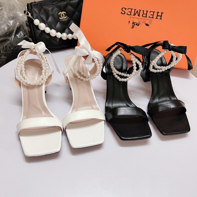[Kho buôn giày vnxk] GIÀY SANDAL QUAI NGANG GÓT VUÔNG 7p-2 VÒNG NGỌC CỔ CHÂN