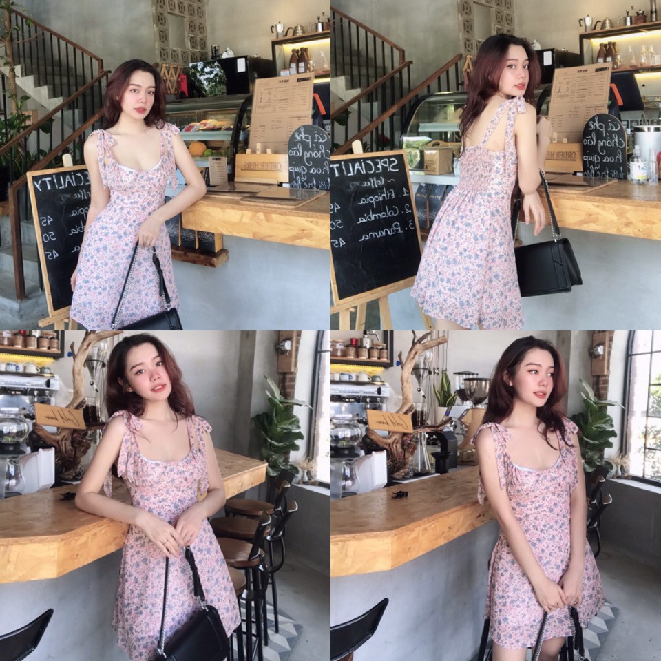 Đầm 2 dây Hugoo Dress , váy thiết kế hoạ tiết hoa sau lưng bo chun , dây váy tự cột đuôi váy xoè nhẹ from chuẩn dễ mặc