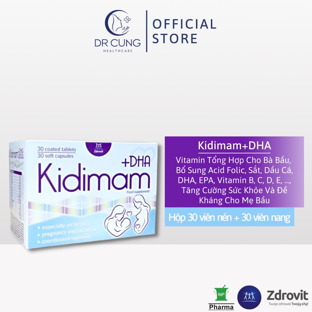 Kidimam+DHA - Vitamin Tổng Hợp Cho Bà Bầu, Acid Folic, Sắt, Dầu Cá, DHA, Vitamin B, Vitamin C (Hộp 30 viên) [Chính Hãng]