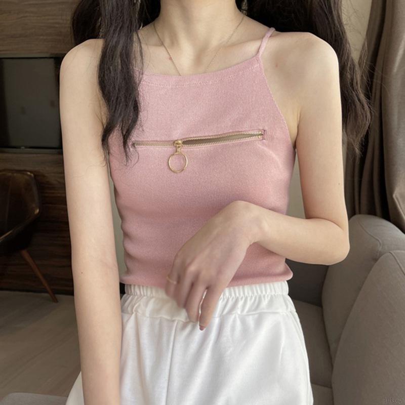 Áo Hai Dây Dệt Kim Màu Trơn Phối Khóa Kéo Thời Trang Hàn Quốc Quyến Rũ Cho Nữ