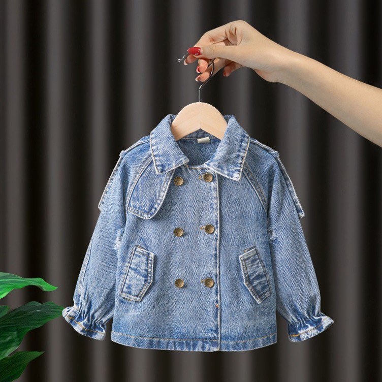 Áo khoác jean cho bé gái phối ren lưng điệu đà có lót bên trong chất dày dặn mẫu mới 2022