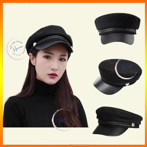 Mũ Beret Nữ Thủy Thủ Chất Dạ Vành Da Kèm Đai Vặn Thừng Đính Cúc Cá Tính Phong Cách Sang Chảnh Hanva