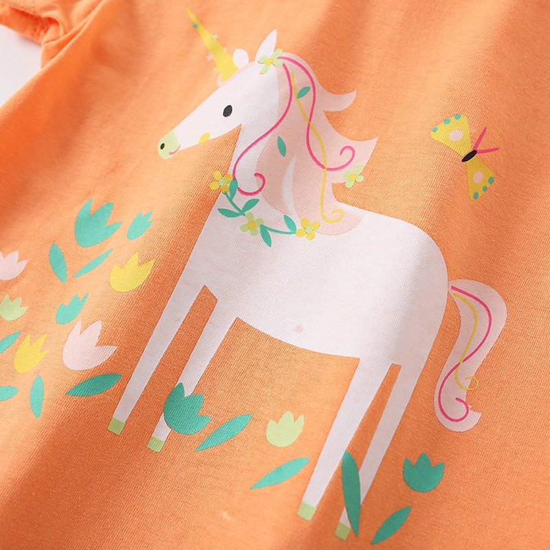 Áo Thun Cotton Cổ Tròn Tay Ngắn In Hình Bướm &amp; Kỳ Lân Dễ Thương Dành Cho Bé Gái