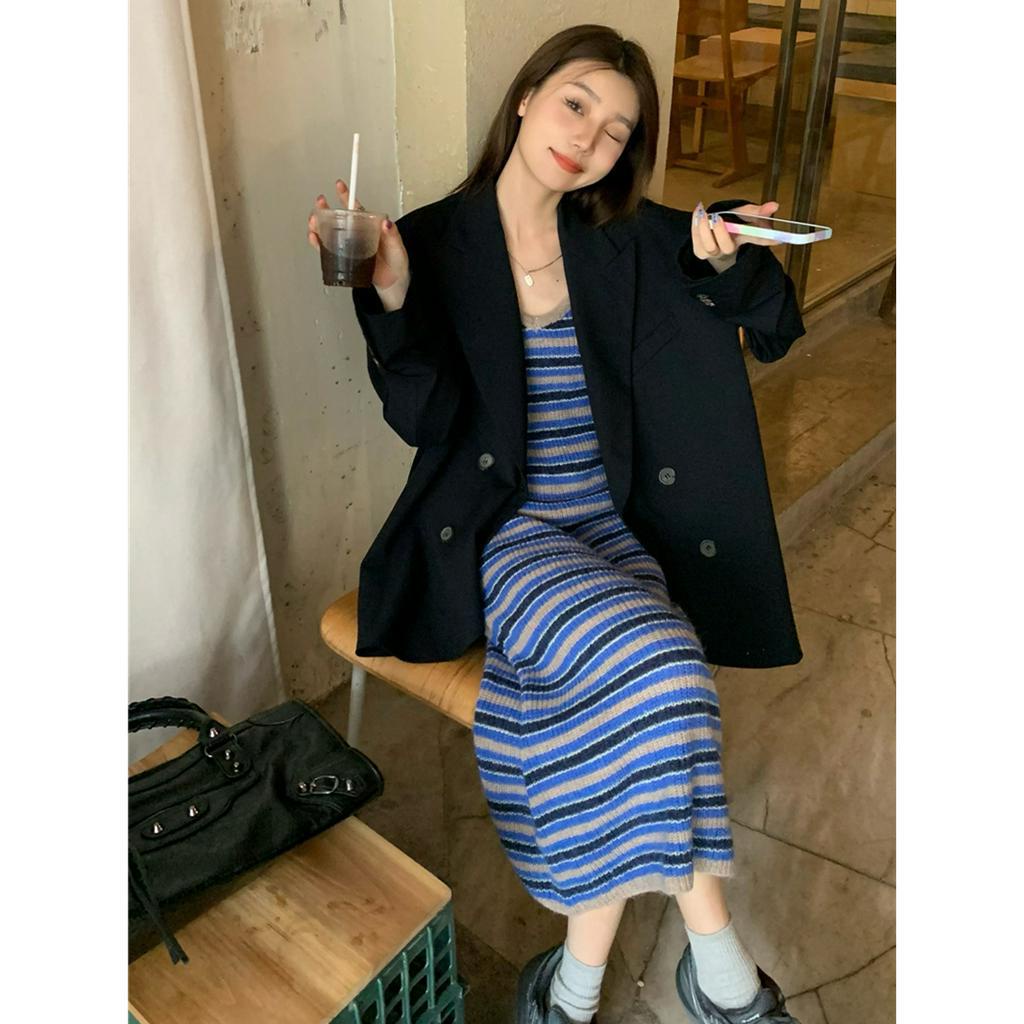 ZHELIHANGFEI Đầm Dệt Kim Kẻ Sọc Màu Sắc Tương Phản Size Lớn Thời Trang Cao Cấp