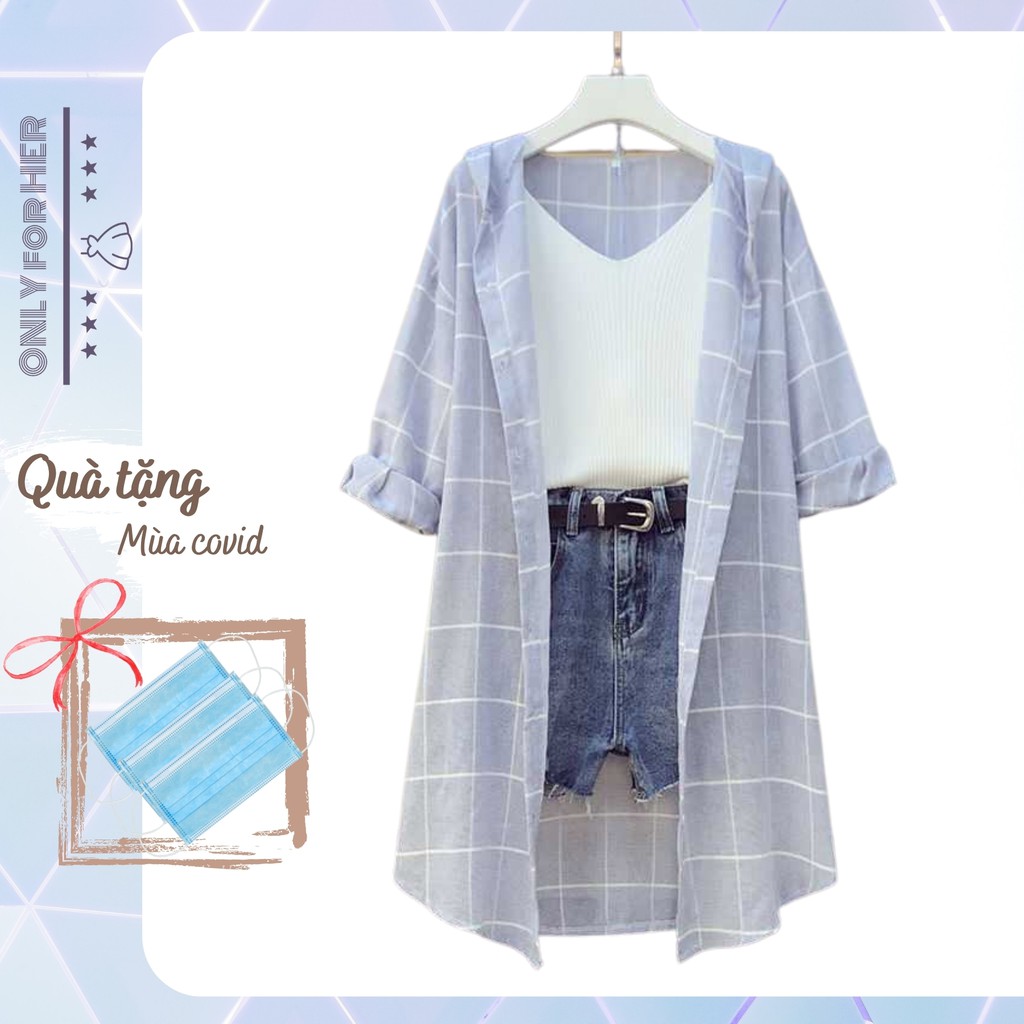 Áo sơ mi form rộng nữ, set 3 món đi biển kèm quần đùi jean và áo 2 dây For her store