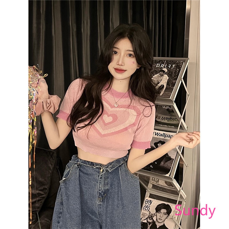 Áo Croptop Dệt Kim Tay Ngắn In Hình Trái Tim Quyến Rũ Thời Trang Mùa Thu Cho Nữ