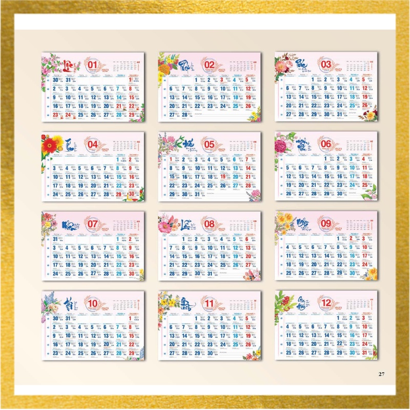 Lịch Treo Tường 2023 - Lịch Âm Dương 12 tờ 30x40cm mỗi tháng là 1 tờ, Lịch Tết 2023 QUÝ MÃO