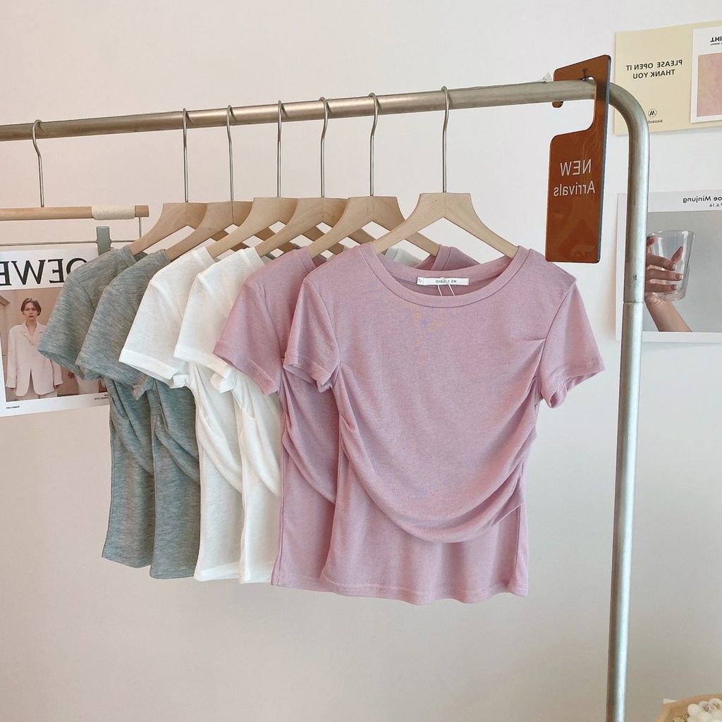 Áo Thun Tay Ngắn Dáng Ôm Xếp Ly Thời Trang Hàng Mới Dành Cho Bạn Nữ Dễ Phối Đồ