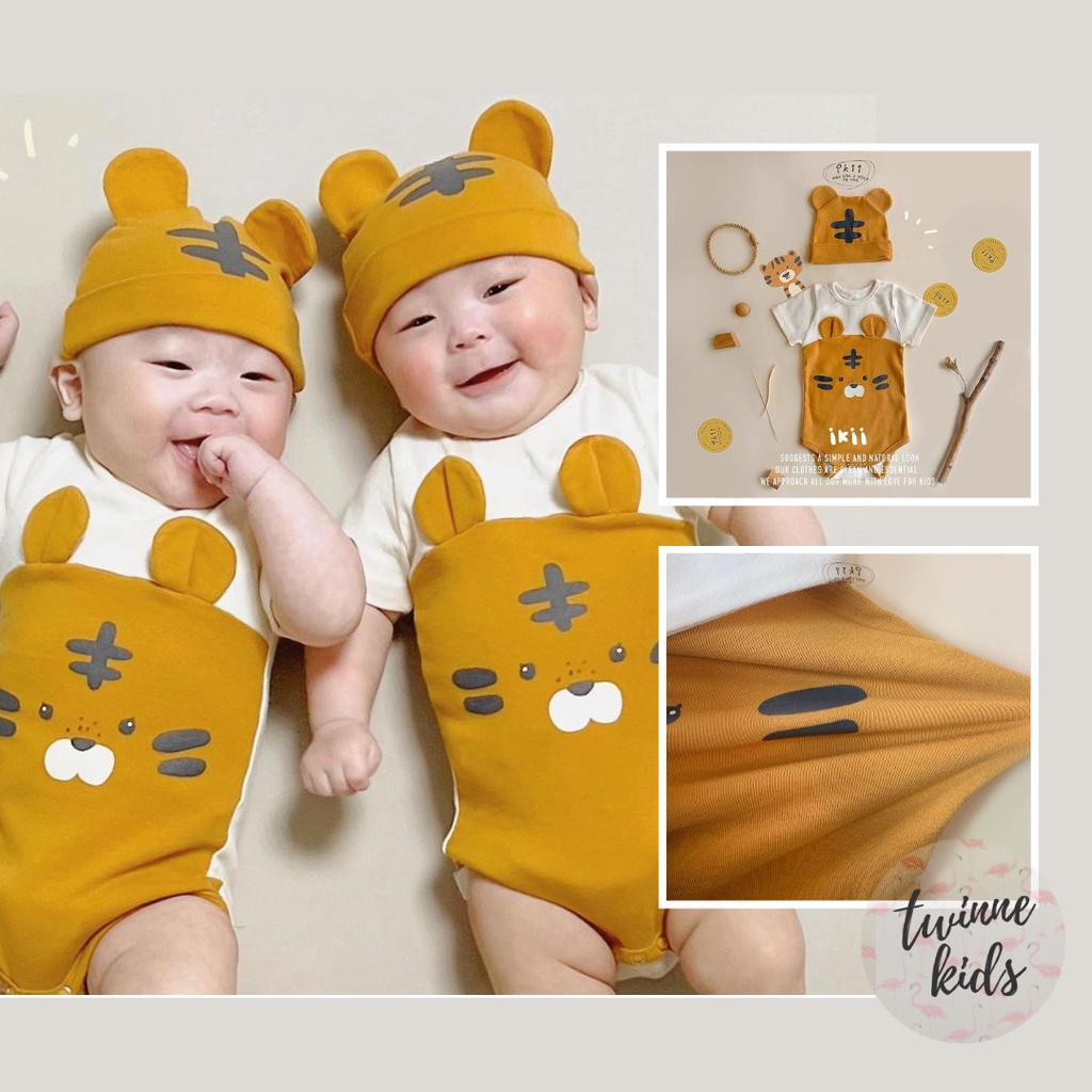 Bộ đồ liền thân Hổ Con Cộc Tay Chất Liệu Cotton Kèm Mũ Chụp Ảnh Đầy Tháng, Thôi nôi của Twinne kids Cho Bé Trai/Bé Gái