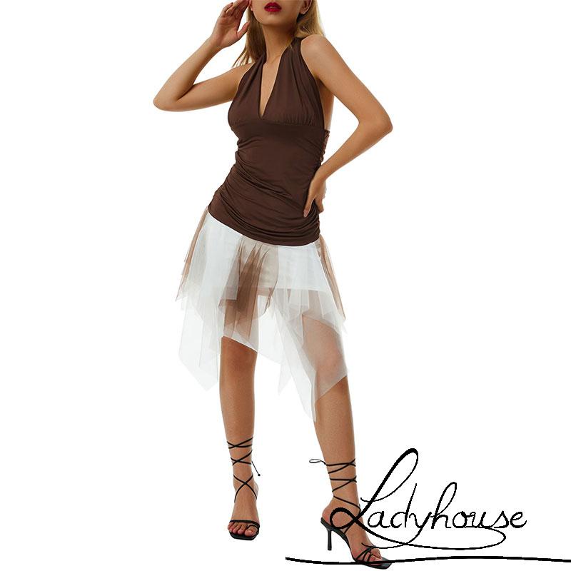 Đầm Mini Hai Dây Cổ Chữ V Khoét Sâu Hở Lưng Phối Lưới Gợi Cảm Cho Nữ