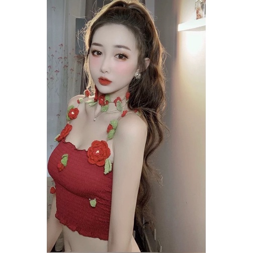 Áo Nàng thơ hoa mẫu đơn len móc handmade dáng lửng dành cho bạn gái