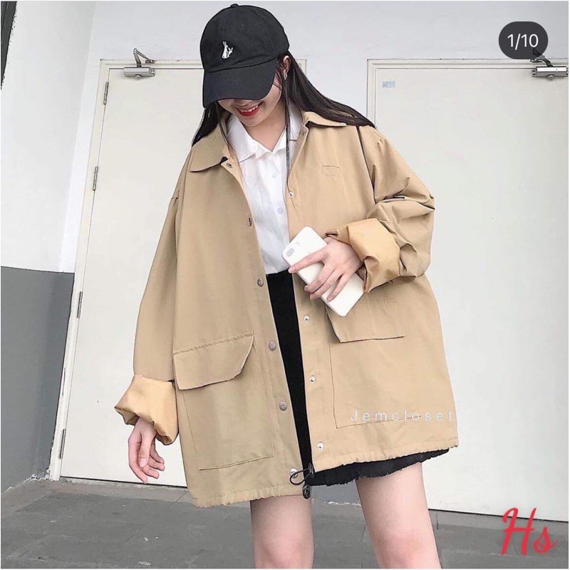 Áo khoác kaki form rộng màu be, túi được thiết kế hình vuông chuẩn hình cực xinh (HS370H)