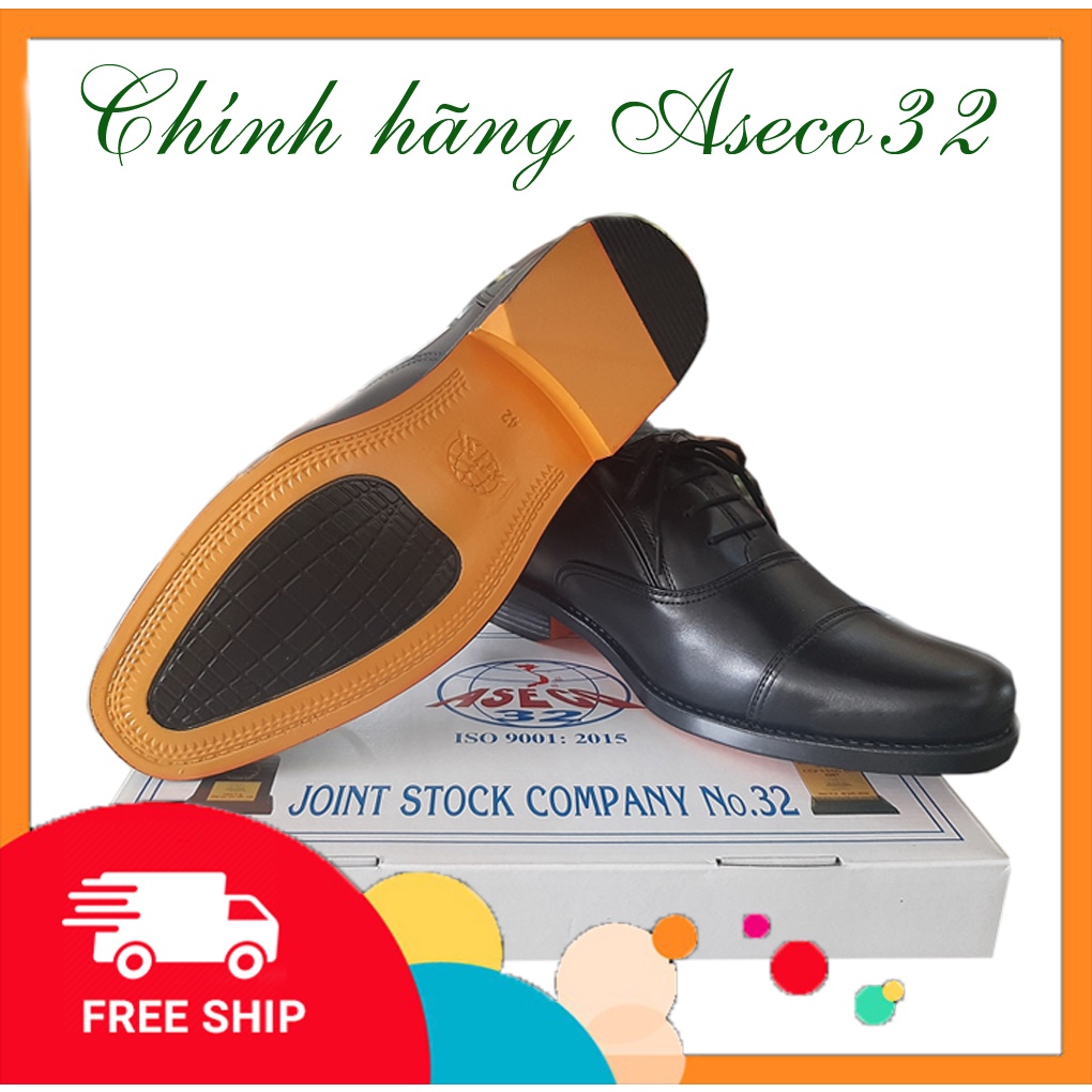 Giày SQ đế vàng dây buộc (mã cấp: TA-ASECO 32-432) hàng hiệu, Giày tây nam cao cấp chất liệu da bò màu đen