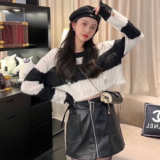 Áo len ZHELIHANGFEI tay dài họa tiết sọc thời trang dễ thương cho nữ