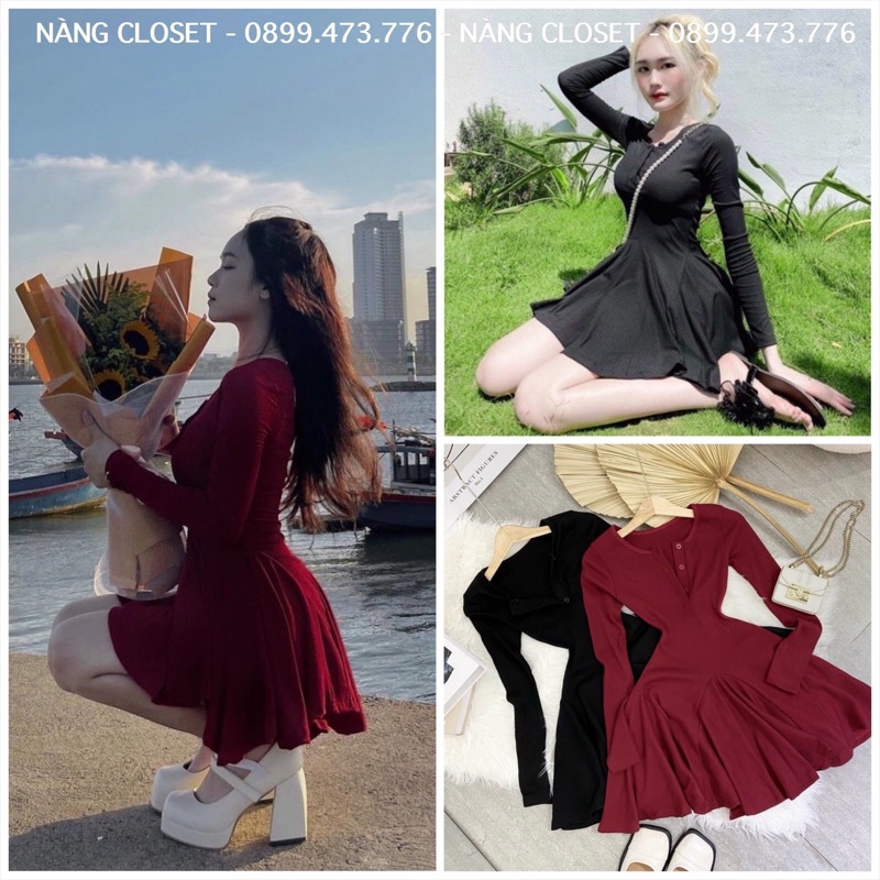 Đầm body tay dài tùng xòe viền ren cổ màu đỏ/đen NÀNG CLOSET