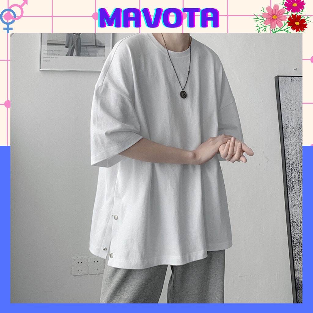 Áo phông Mavota áo thun cotton trơn nam tay lỡ form rộng viền khuy unisex Hàn Quốc ATKB04