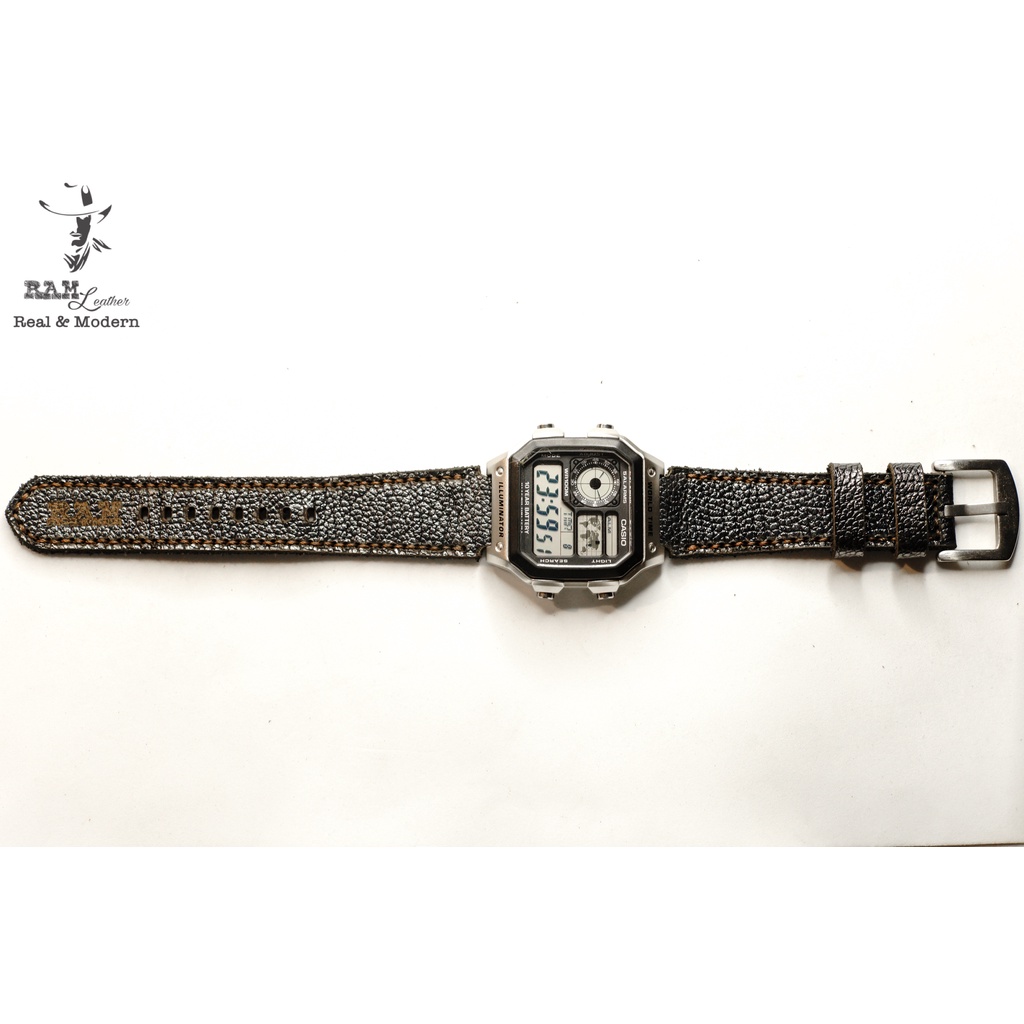 Dây đồng hồ RAM Leather 1956 cho CASIO 1200, AE 1200, 1300, 1100, A159 , A168 , Size 18 da bò vân cá mập đen thép