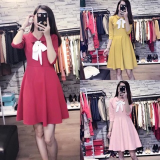 Đầm xòe cổ đức tay lỡ+ tặng nơ cổ CC48