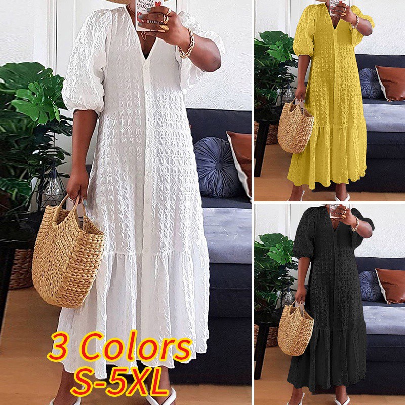 Đầm maxi VONDA màu trơn cổ v thiết kế xếp ly tay lửng có gài nút | BigBuy360 - bigbuy360.vn