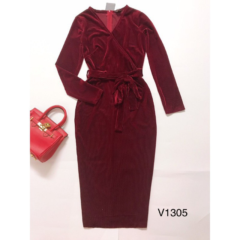 [ xả kho ] MiD Đầm nhung đỏ rượu V1305 cổ khoét quyến rũ Mie Design kèm ảnh thật