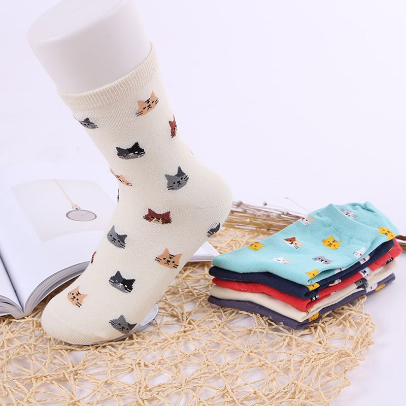 Vớ Cotton In Hình Mèo Hoạt Hình 5 Màu Tùy Chọn Thời Trang Mùa Thu Cho Nữ