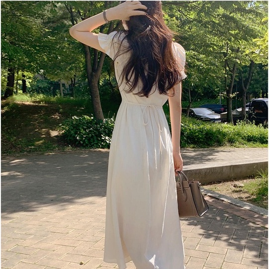 Đầm midi SUXI tay ngắn cổ chữ V màu trơn phong cách Hàn Quốc thời trang cho nữ