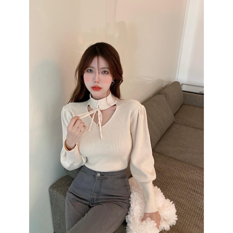 Áo Len Bằng Vải Dệt Kim Tay Phồng Dài Cổ Chữ V Thời Trang Hàn Quốc Sành Điệu Cho Nữ