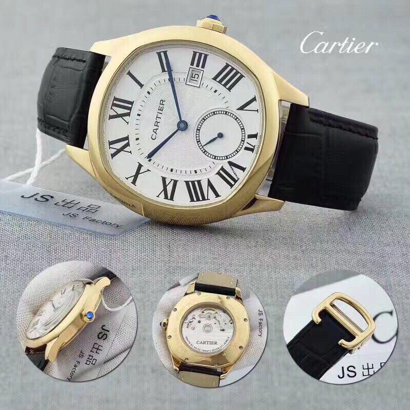 Đồng hồ Nam Cartier vuông kim giây phụ 40mm dây da cơ automatic vỏ vàng gold