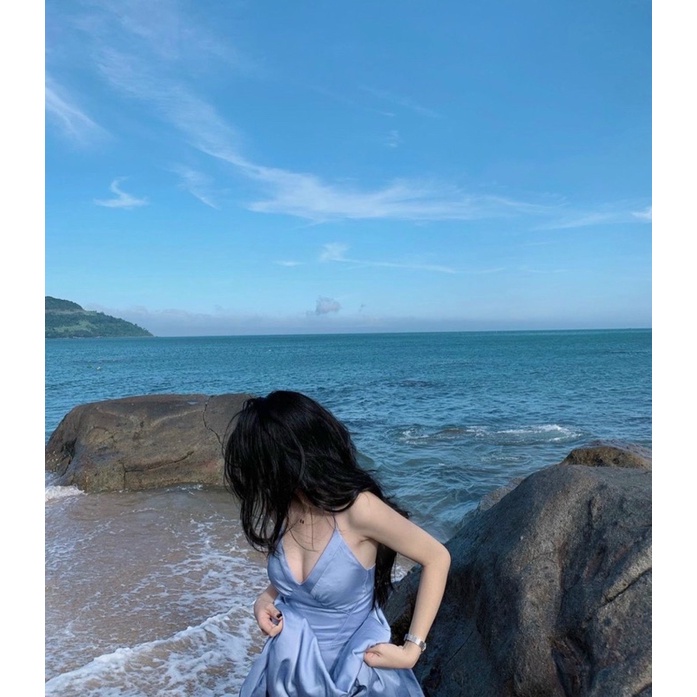 ĐẦM MIDI XANH CỔ V DÂY YẾM