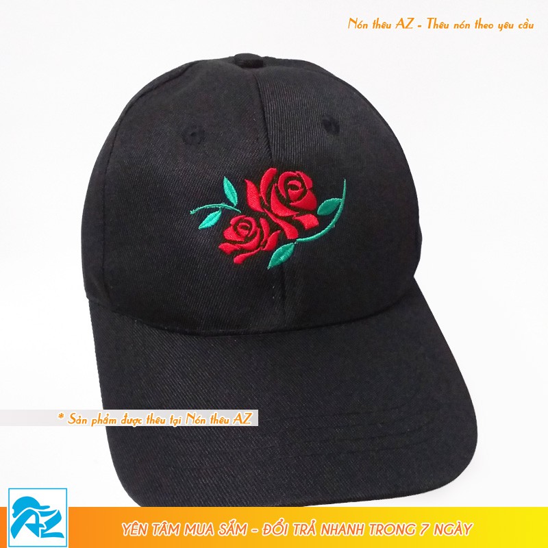Nón kết nữ thời trang màu đen và trắng thêu logo hình hoa hồng đỏ - Mũ lưỡi trai MT537