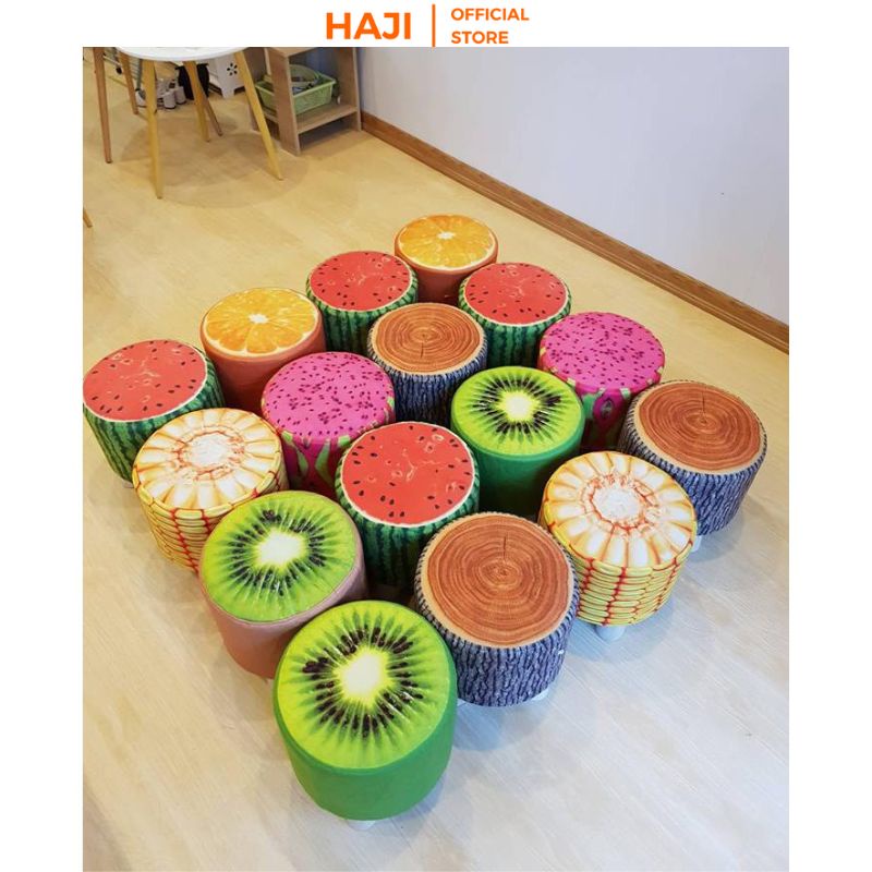 Ghế đôn HAJI chân gỗ sồi chống trầy sàn hoạ tiết trái cây xinh xắn GĐHQ