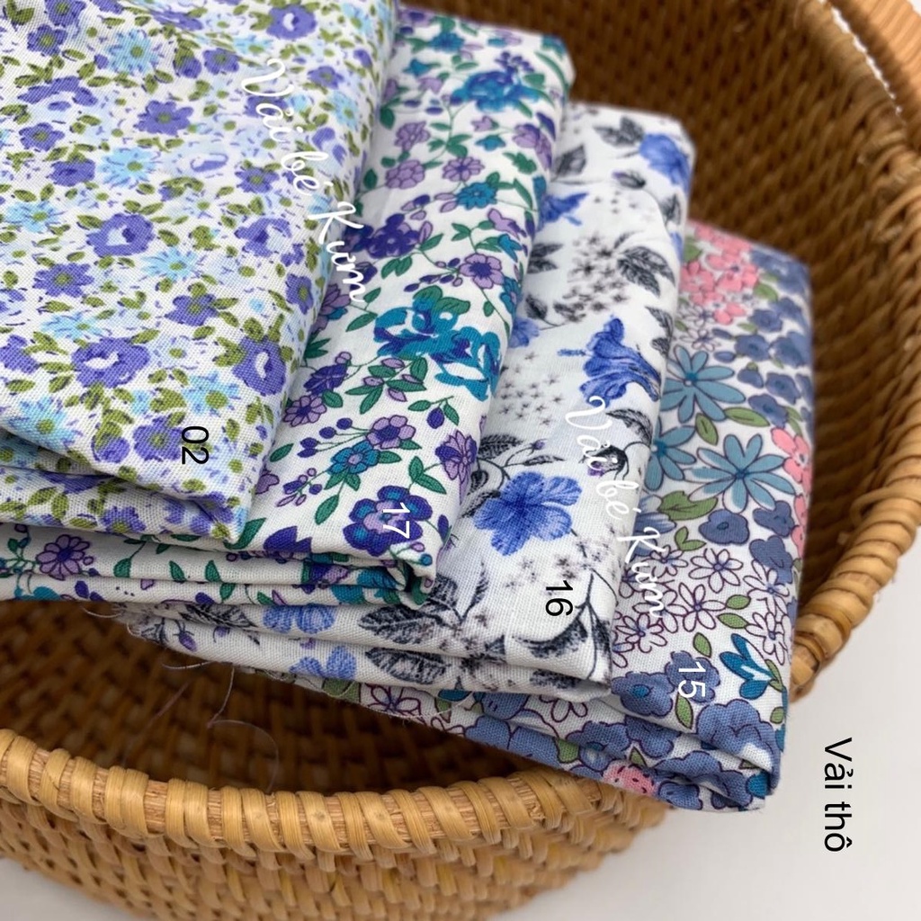 Vải cotton thô - Vải hoa nhí may đầm tone xanh mát