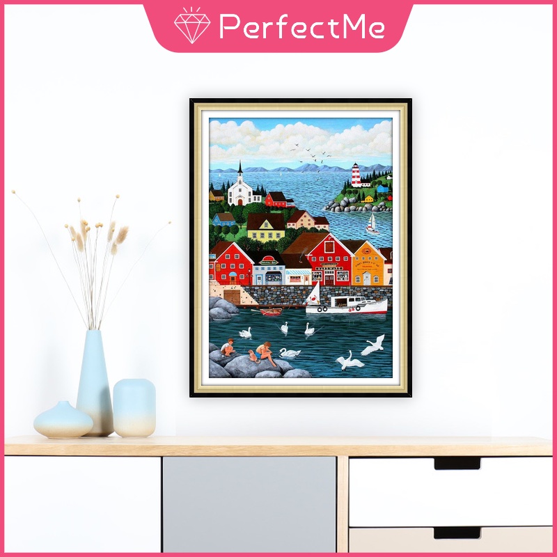 Mới Bộ Tranh Đính Đá 5D Tự Làm Hình Ngôi Nhà Trên Bãi Biển 30x40cm